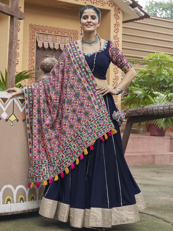 Navy Blue Viscose Rayon Readymade Navratri Lehenga Choli